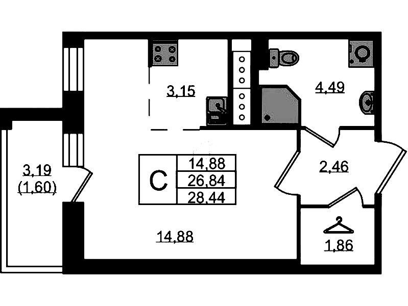 Квартира студия 28.44 м², 9/9 эт., ЖК «Курортный квартал»
